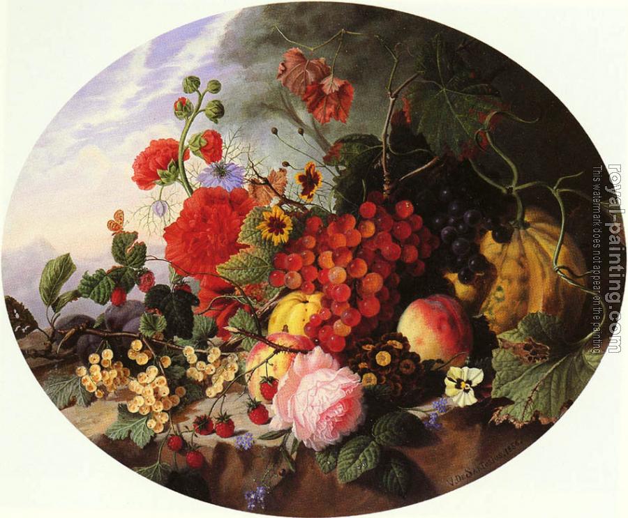 Virginie De Sartorius : Still Life With Fruit And Flowers On A Rocky Ledge